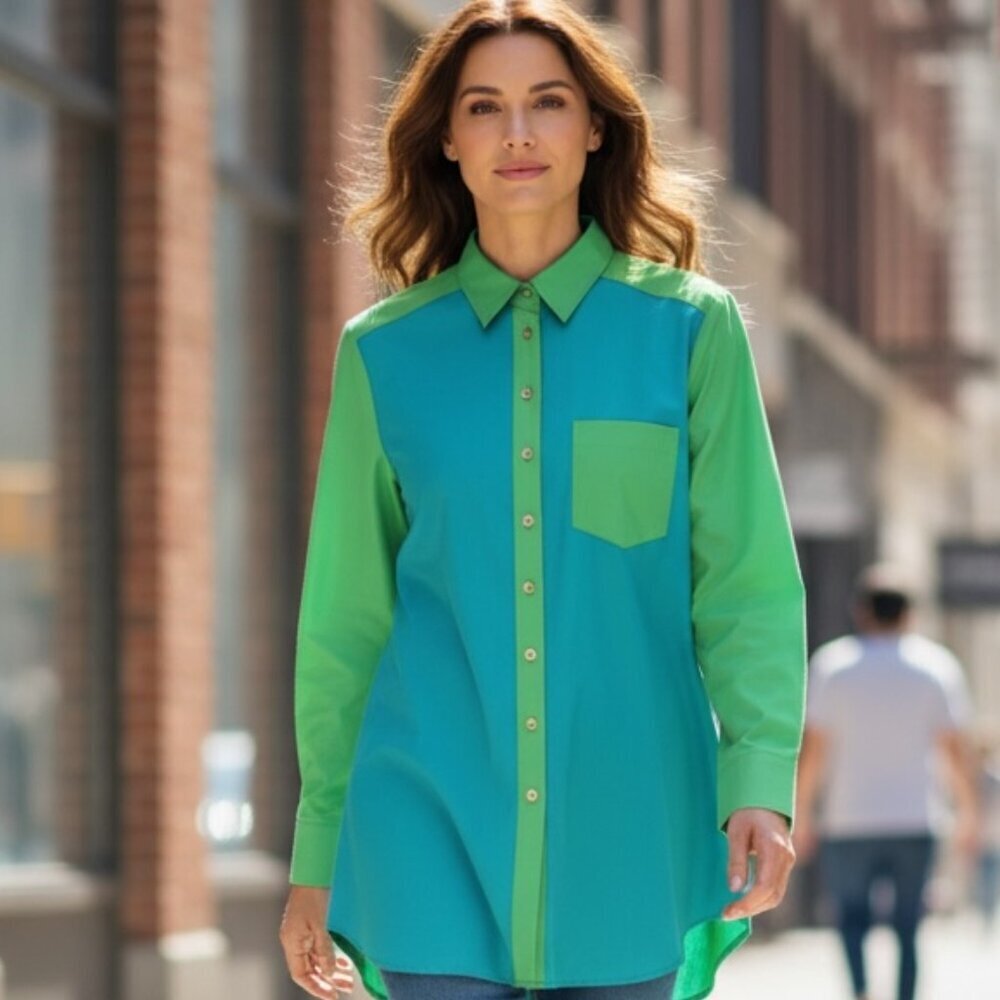 Soft Surroundings Hayley Turquoise Colorblock Button Front Shirt Blouse 199K